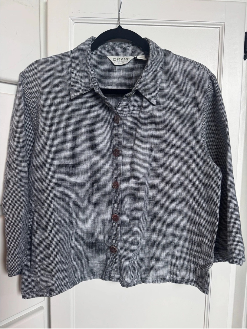 Orvis Gray Checked Button-Up Shirt 100% Linen